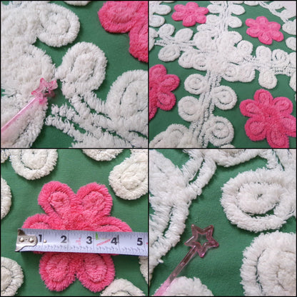 Vintage Chenille Bedspread Fabric, evergreen pink rose white swirl sewing craft quilt material, 20" x 24" piece