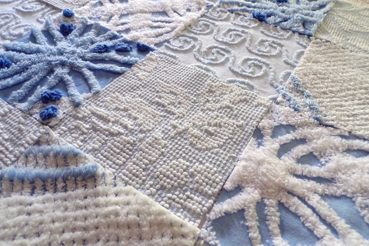 Boho Blues Vintage 6" Chenille Fabric Squares Set of 16 Quilt Blocks