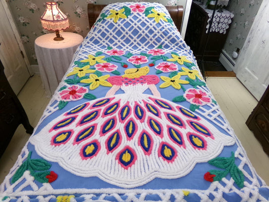 Vintage Chenille Bedspread Southern Belle Lady, Blue White Tufted Floral Full Sz