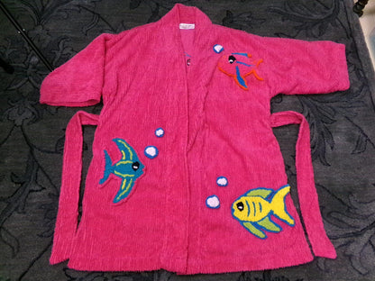 Canyon Group Vintage Chenille Robe, Pink Tropical Fish Short Beach Coverup Bathrobe Kimono Sleeves, M/L