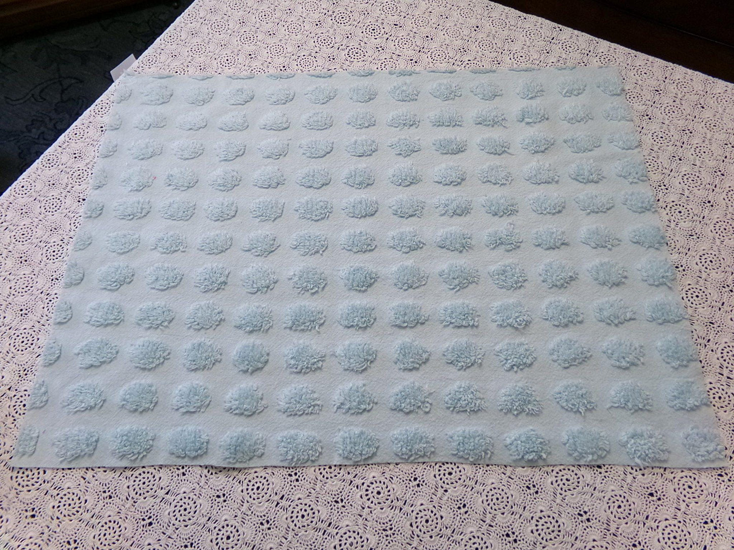 Refreshing Aqua Vintage Style Chenille Bedspread Fabric Coin Dot Pops 18x24"