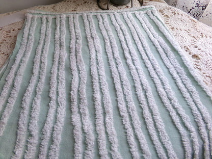 mint green & white striped chenille fabric, tufted stripes on vintage cotton, 16" x 27" inch cut piece, for sewing, craft projects