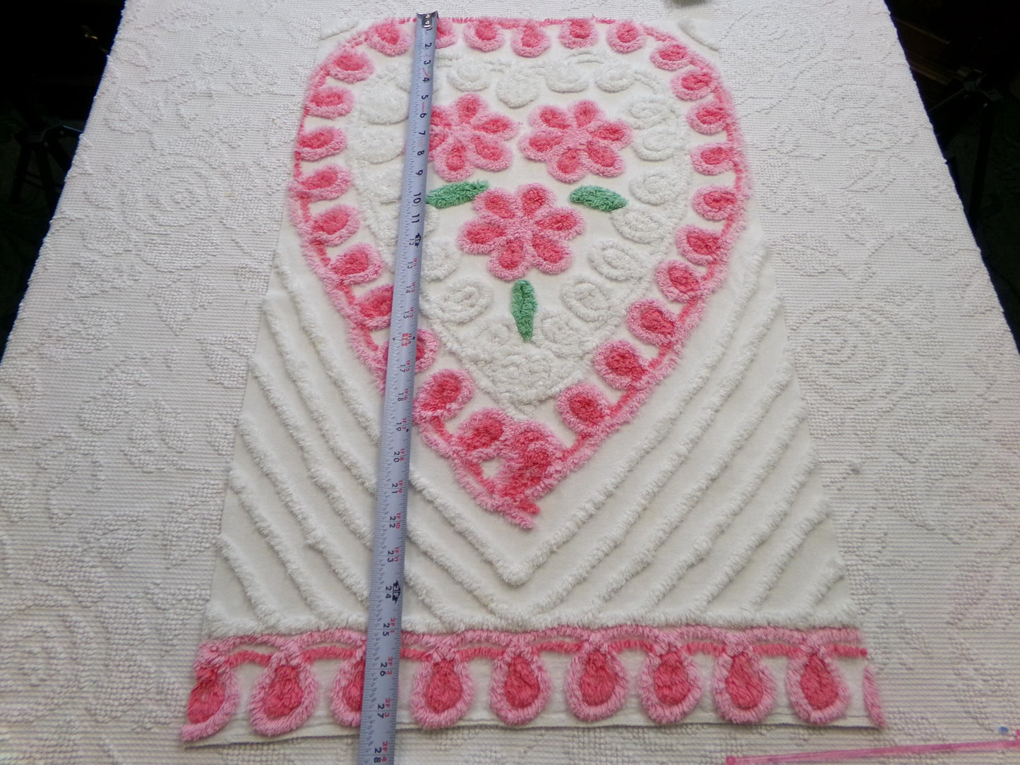 big pink heart vintage chenille fabric, popular floral center pattern, 16" x 26" piece of sewing material for quilting, crafts