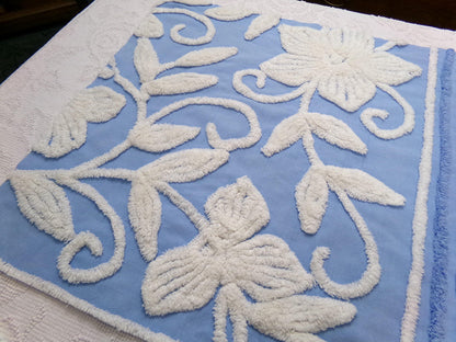 botanical blue vintage chenille fabric, super plush white florals, 21" x 23" piece sewing material