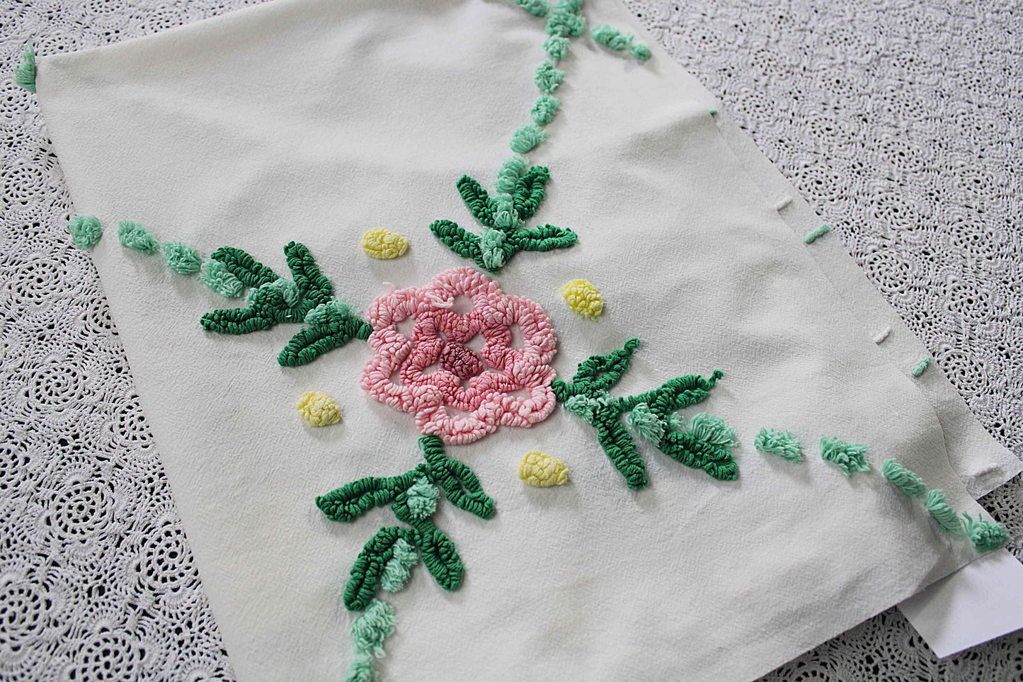 simple floral vintage chenille fabric, 32" x 23" cut piece, jadeite & white pops with pink rose flower, lightweight cotton