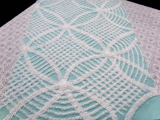 Aqua White Vintage Chenille Fabric 20x24" Geometric Quilt Material