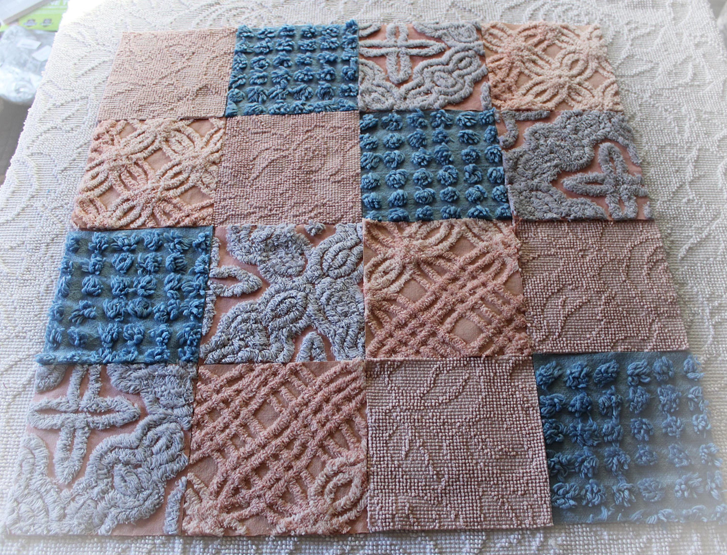 twilight melody vintage chenille fabric squares, set of 16 dreamy 6" quilt blocks, serene blue, rose mist, pink shades
