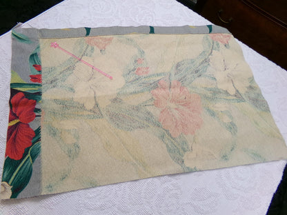 Hawaiian Barkcloth Vintage Fabric, Gray Tropical Red Hibiscus Floral Mid-Century 27" x 18"
