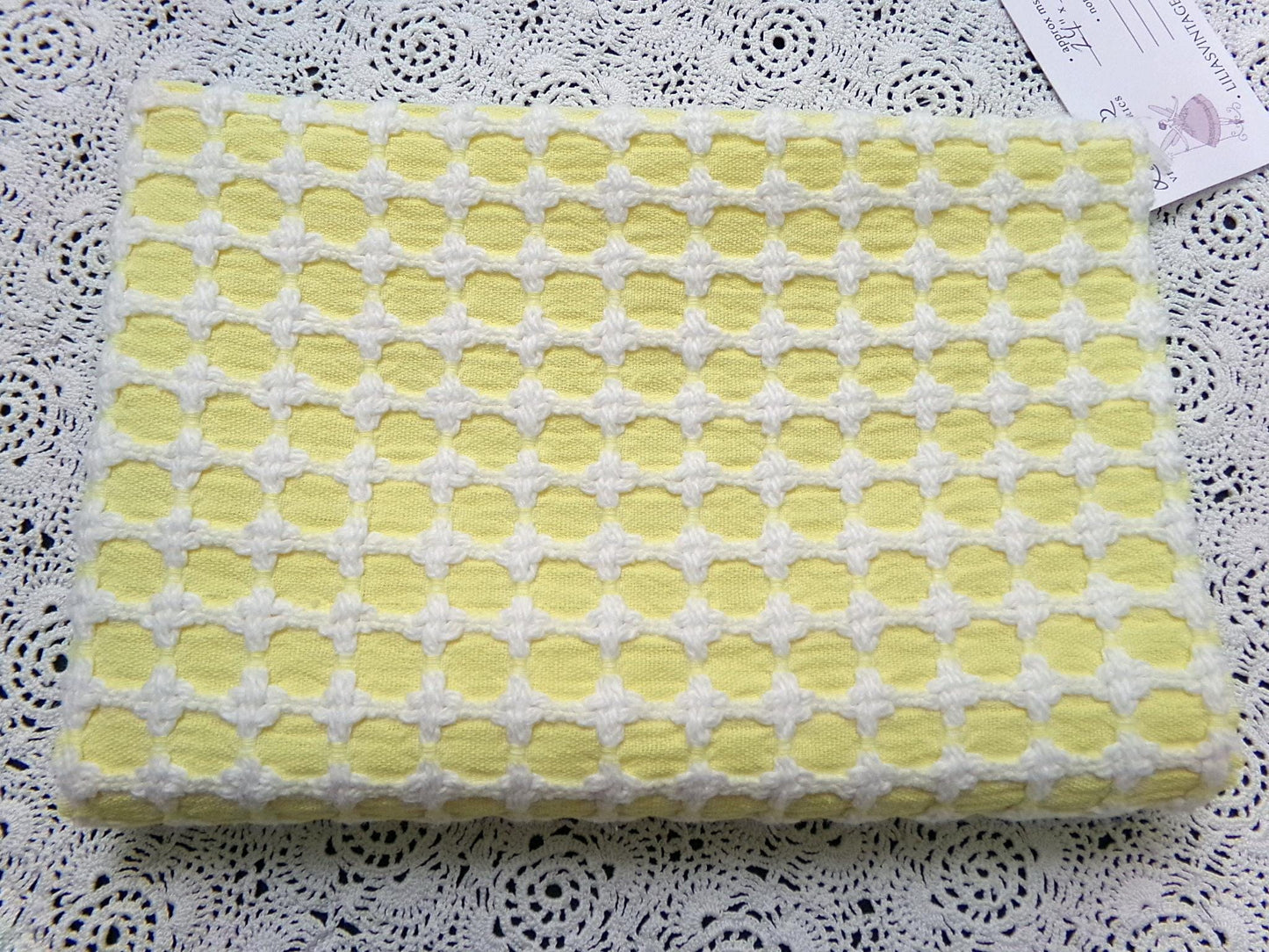 Honeycomb Cross Vintage Woven Chenille Fabric Lemon Yellow White Lady Galt 21x21"