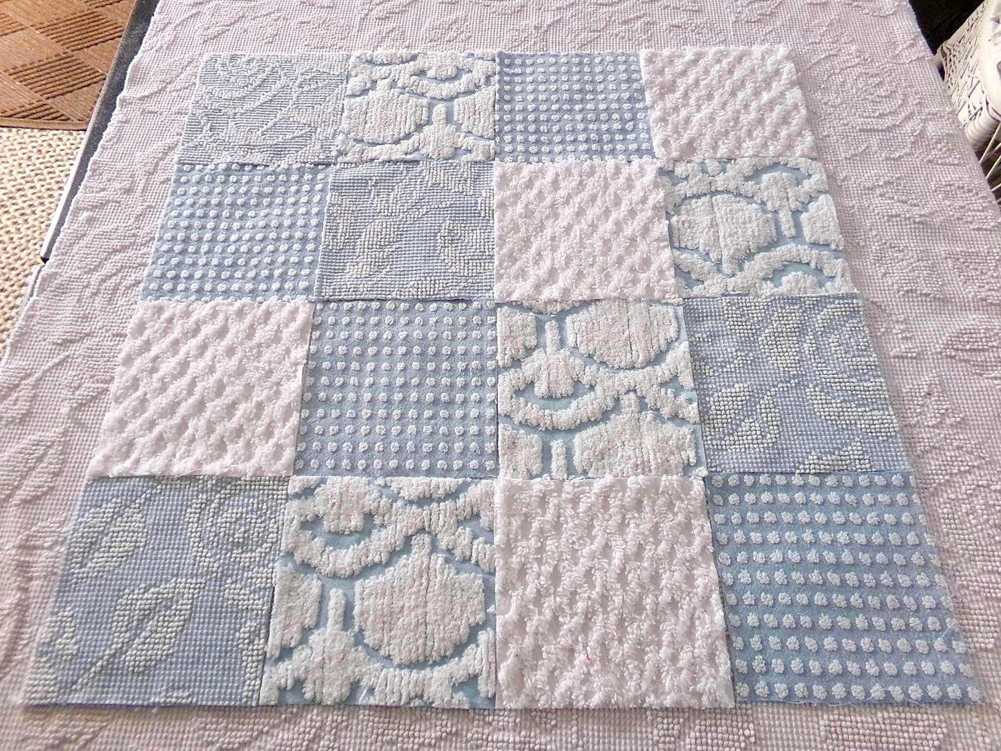 coastal chill chenille fabric squares, cool blue & white dot, diamond geometric patterns, set of 16 vintage quilt blocks 6" each for sewing