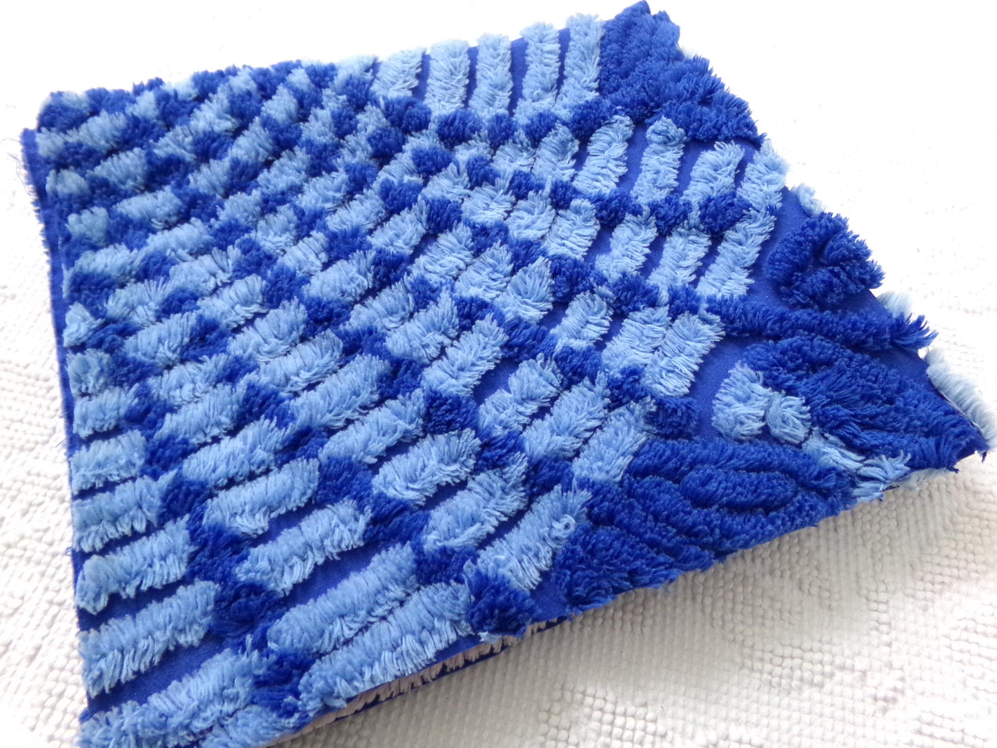 celestial blue vintage chenille bedspread fabric, plush abstract deco tufting, 22" x 20" piece