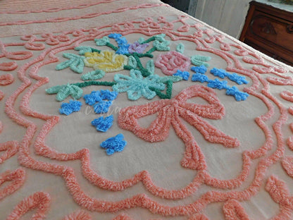 Romantic Vintage Chenille Bedspread, Spring Flowers on Old Fashioned Peach, Full Size 100% Cotton Summer Coverlet