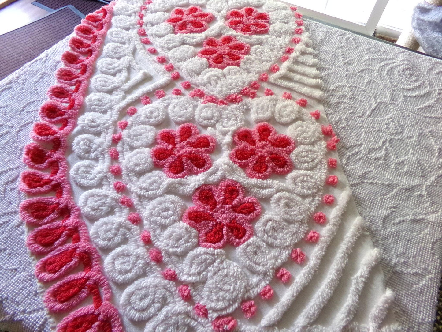 romantic hearts vintage chenille fabric, sweetest plush rose pink flowers, 21" x 26" inch rounded piece cotton sewing material for crafting