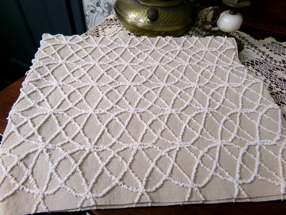 Neutral Mocha Vintage Chenille Fabric, Petite Tufted White Wedding Ring Design 18" x 24"