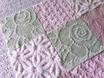 Garden Walk Chenille Quilt Squares Set from Vintage Bedspread Fabric, 16 Blocks, 6" inch in Sage Green, Pink, Rose Mist & Whispers of White
