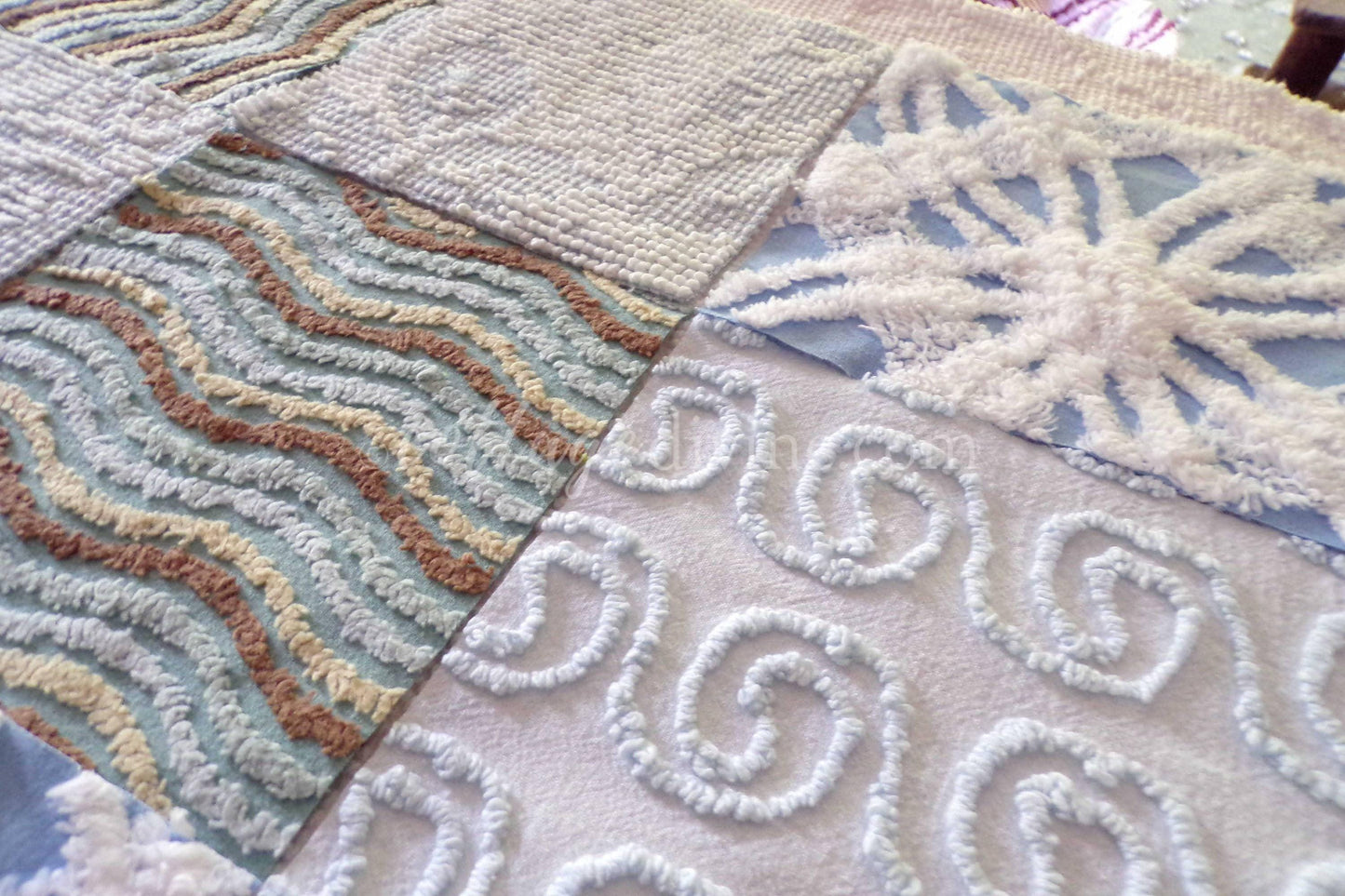 Breezy Blues Vintage Chenille Fabric Squares, Set of 17 Quilt Blocks, 6" x 6" inch, for Slow Stitching, Junk Journals, Quilting