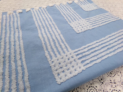 Sky Blue Vintage Chenille Fabric White Geometric Quilt Sewing Material 16.5" x 30"