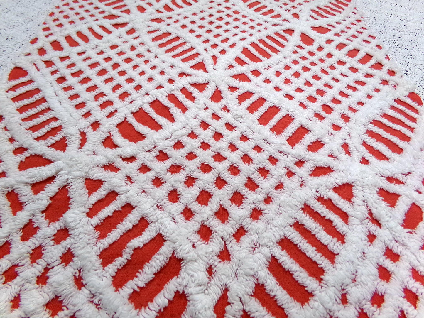 Vintage Red Chenille Fabric, White Geometric 17x24" Quilt Material