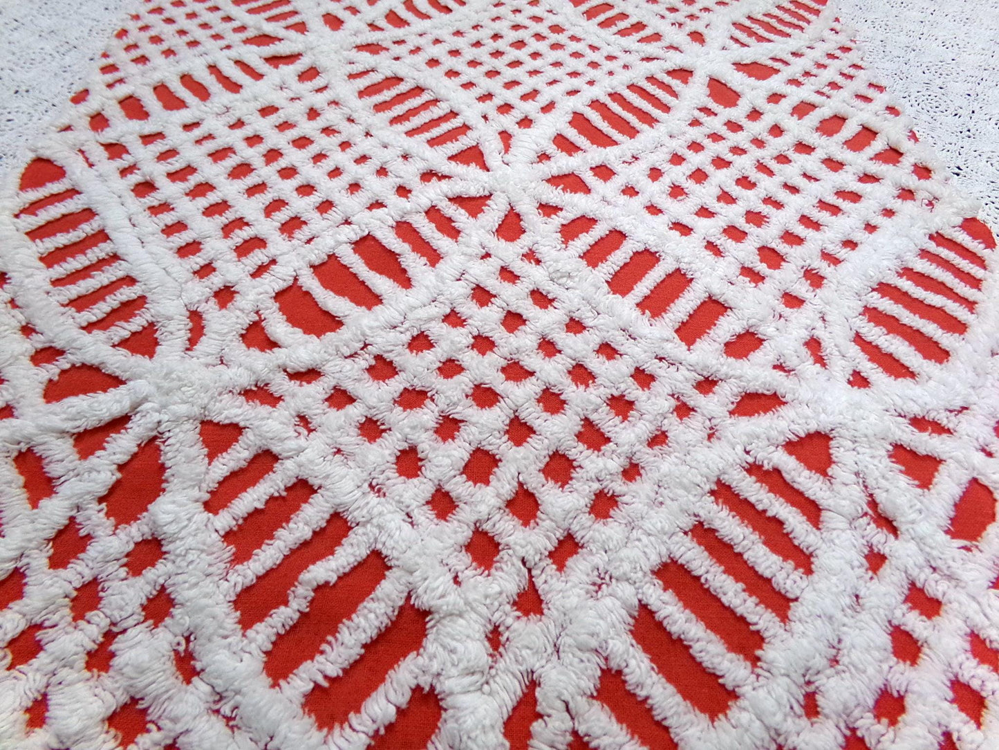 Red & White Vintage Chenille Fabric, Tufted Geometric 19x27" Sewing Material