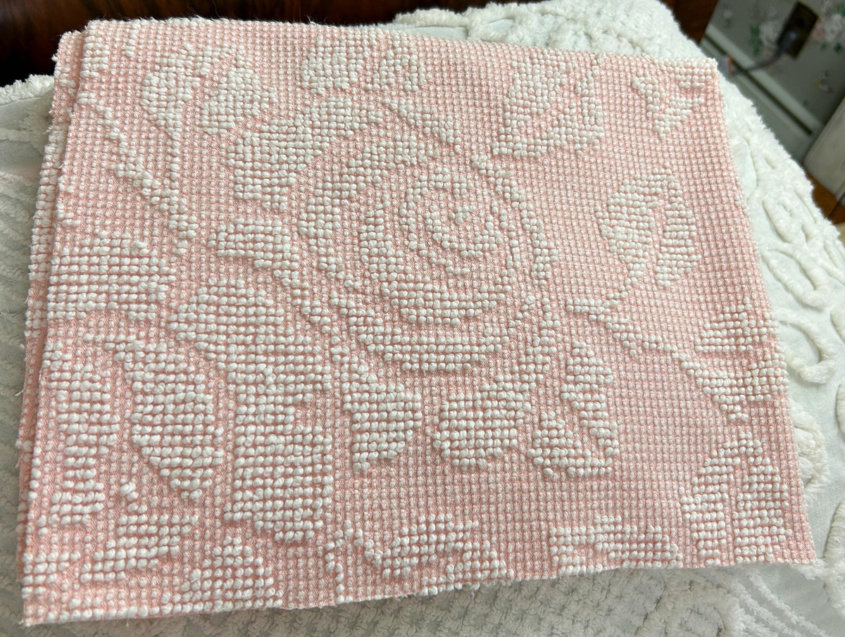 Pink Rose Vintage Chenille Fabric Piece Hobnail Cabbage Rose Reversible Shadow 18x24"