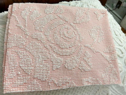 Pink Rose Vintage Chenille Fabric Piece Hobnail Cabbage Rose Reversible Shadow 18x24"