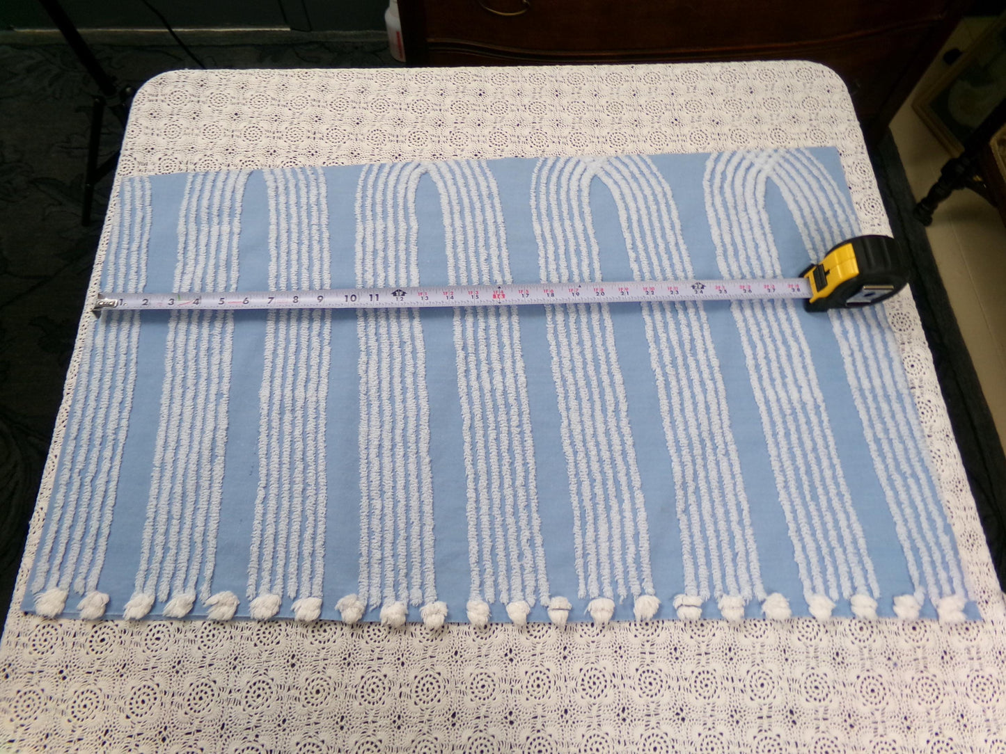 Shabby Sky Blue Vintage Chenille Fabric White Stripe Sewing Material 18" x 30"