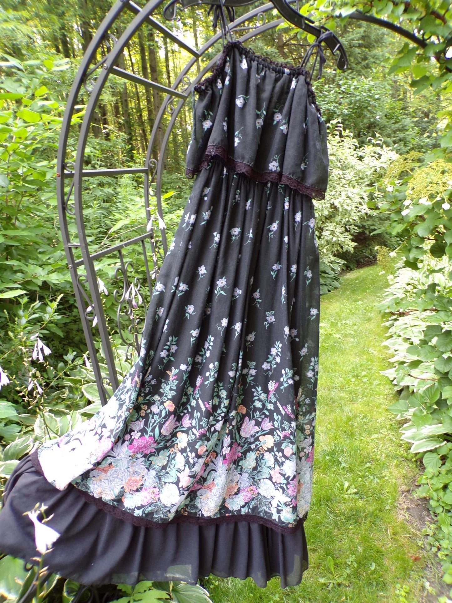 Vintage Boho Prairie Dress Black Floral 70s Maxi Sundress Jr Sz 13