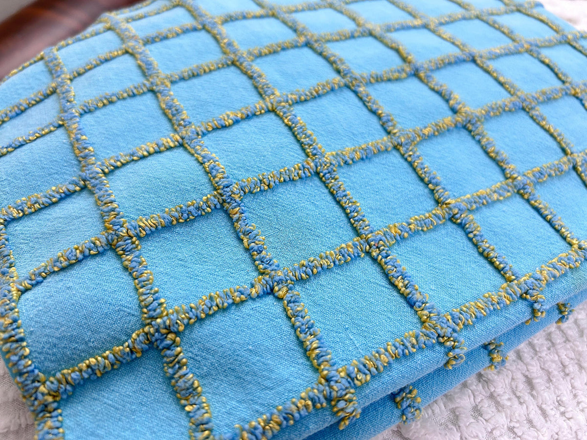 Sporty Squares Vintage Chenille Bedspread Fabric, Aqua Gold Windowpane Grid 19x23"
