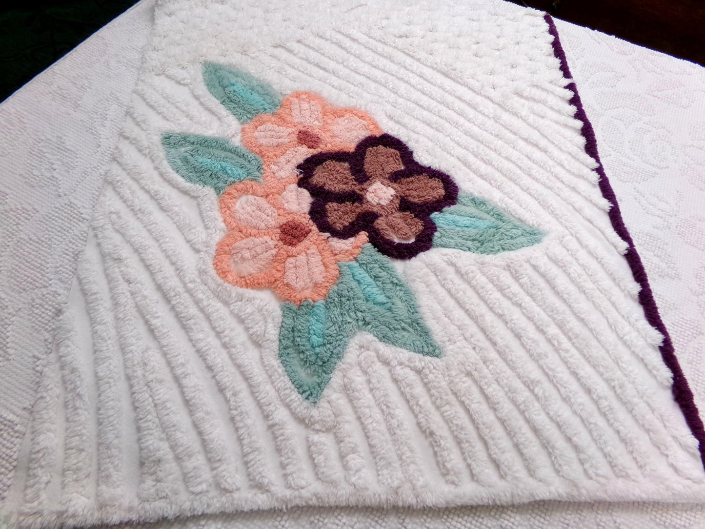 Vintage Chenille Fabric Piece, Magnolia Florals on White, 19" x 23" Sewing Material