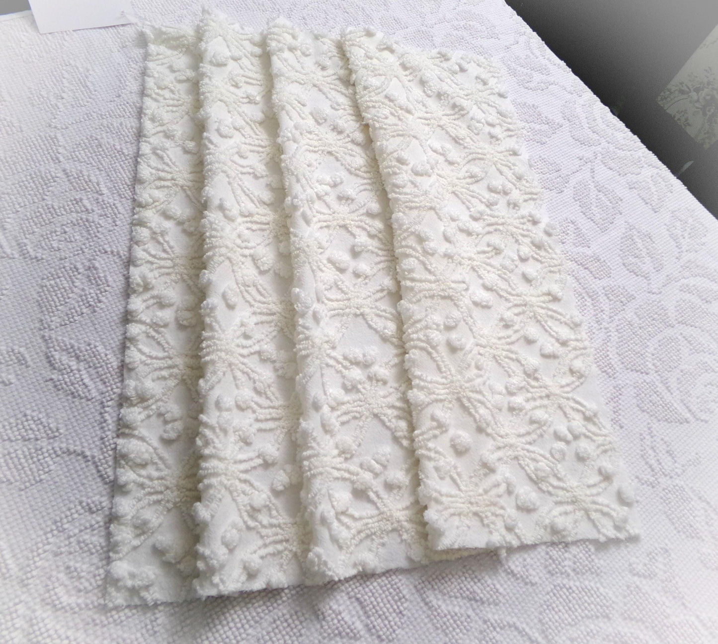 Winter White Snowflakes Vintage Chenille Fabric, neutral tufted pops sewing craft quilt material, 18" x 24" piece
