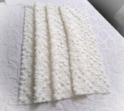 Winter White Snowflakes Vintage Chenille Fabric, neutral tufted pops sewing craft quilt material, 18" x 24" piece