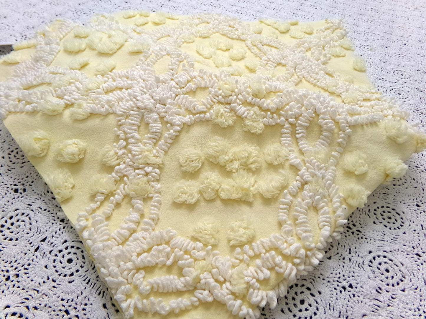 Cheerful Vintage Chenille Bedspread Fabric sunny yellow quilt material 20" x 24"