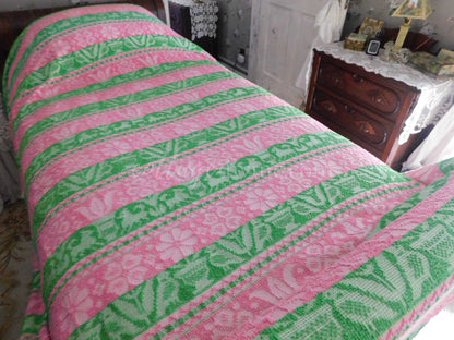 Boho Vintage Bedspread, Woven Chenille Folk Art Pink & Green Hobnail w/ Fringe, Twin Sz