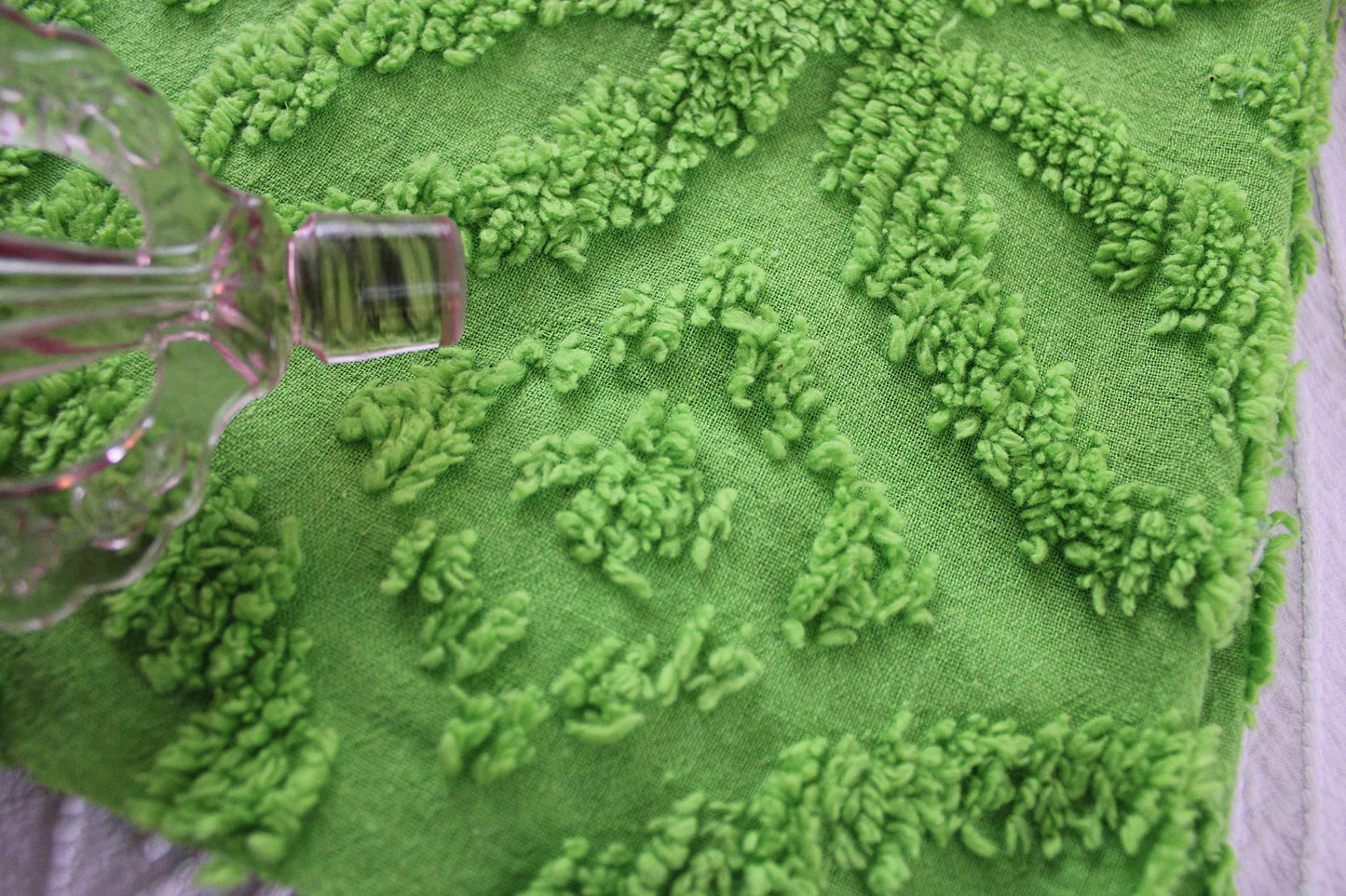 Vintage Neon Green Chenille Fabric Piece Lightweight Lime Cotton 22x24"