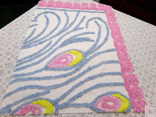 vintage style chenille bedspread fabric boho peacock feathers pink blue 19x26"