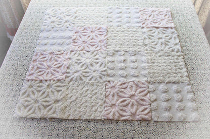 Baby's Breath Chenille Fabric Squares Set in White & Pink, Cut from Vintage Chenille Bedspread Material, 16 Blocks, 6" x 6" inch each