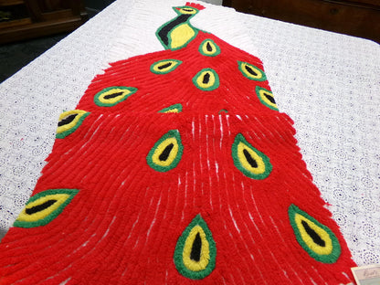 Red Peacock Vintage Chenille Fabric Piece, Plush Bird Design 13x39" Panel