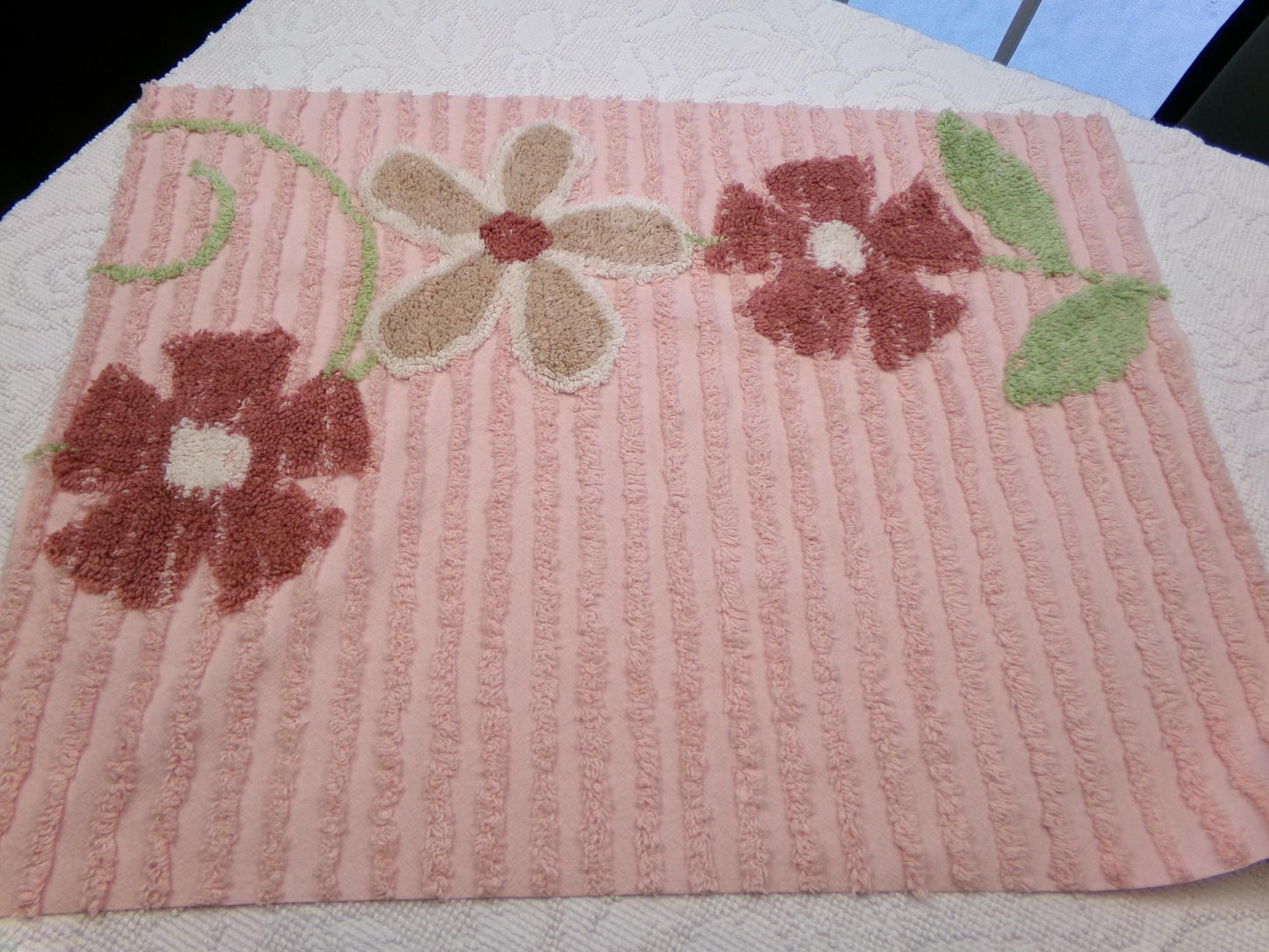 Vintage Chenille Bedspread Fabric, Pink Tufted Climbing Florals, 20" x 26" piece