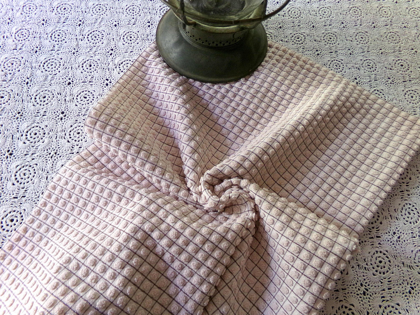 Micro Mocha Pops Vintage Chenille Fabric, Neutral Chocolate Grids, 24" x 20" Piece, Cute material for quilts, pillows, bags, doll clothes