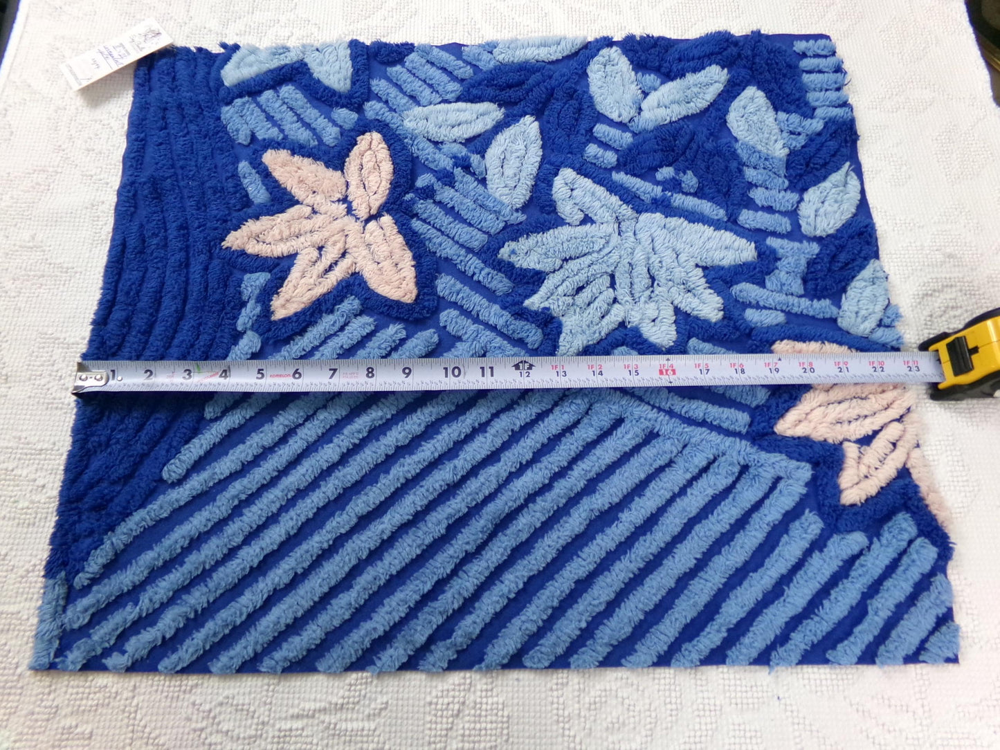 mystical blue vintage chenille bedspread fabric, plush lux star lily florals, 18" x 22" piece