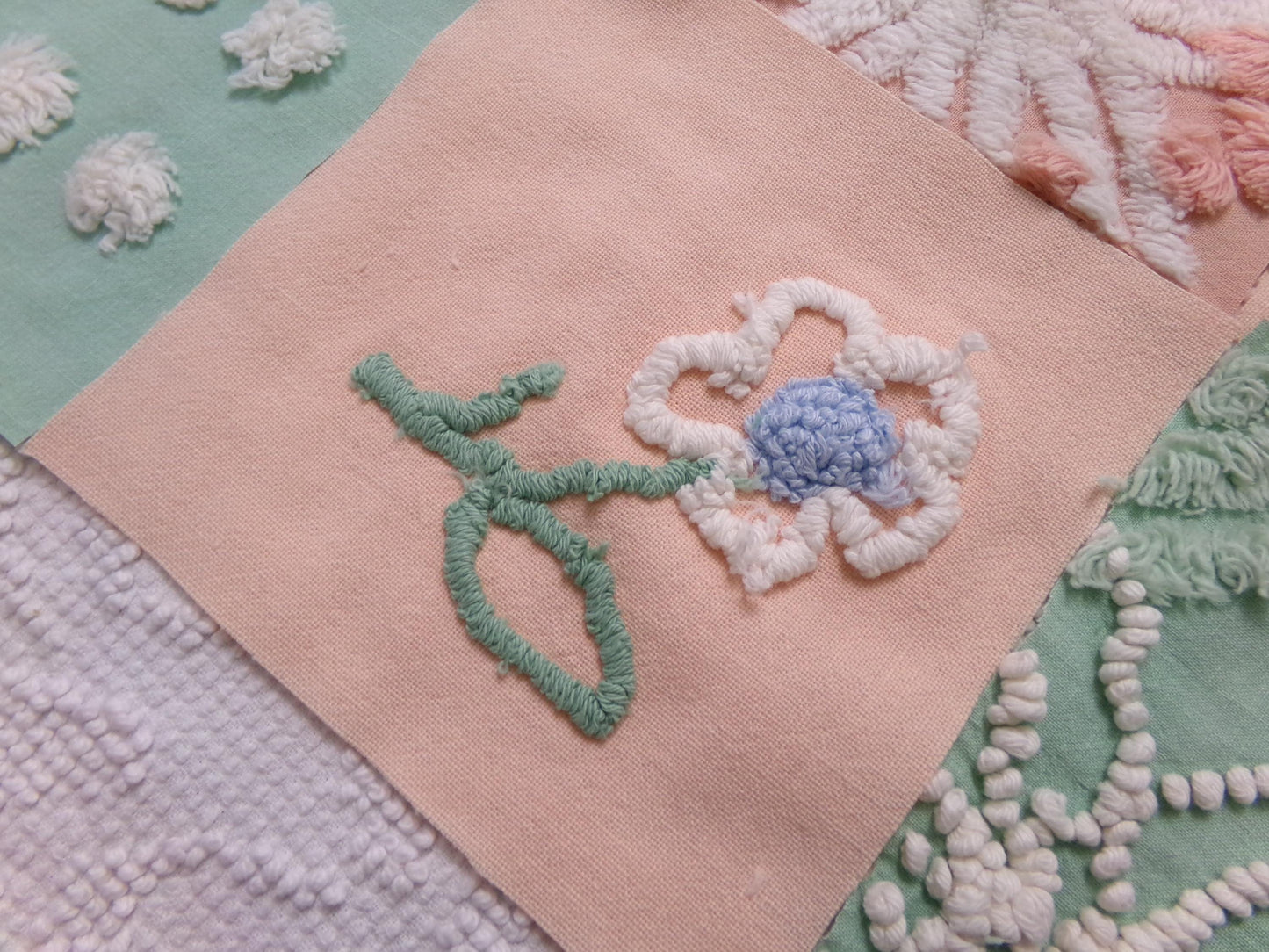 vintage chenille fabric squares, "garden lady" peach & green florals, set of 16 quilt blocks 6" each