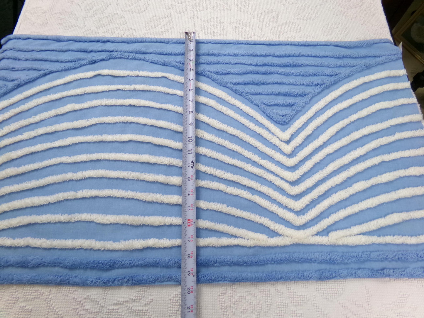 Vintage Chenille Fabric Piece, White Waves on Blue, 18" x 33" Sewing Material