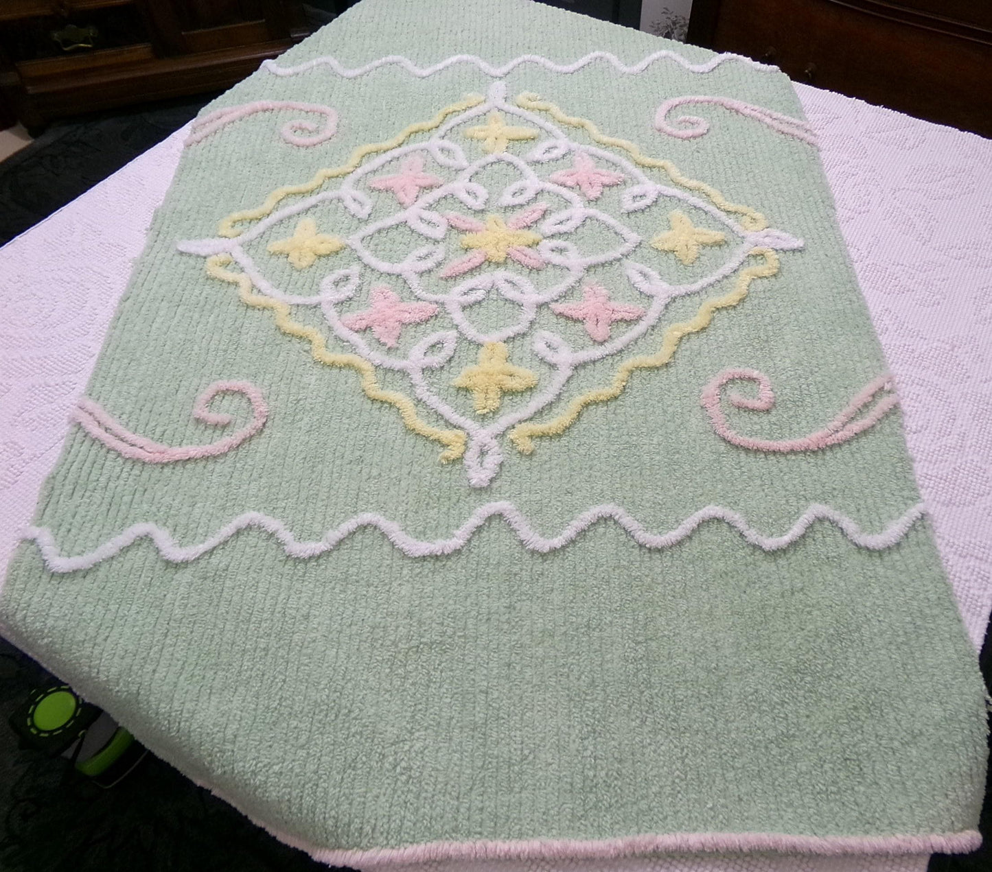 Vintage Chenille Fabric Piece, Mint Green Floral Cottage Chic Quilt Material 24" x 38"