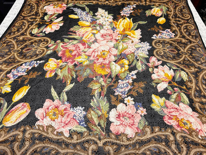Vintage Ralph Lauren Sheer Scarf Black Floral Tulips Peonies Paisley Border