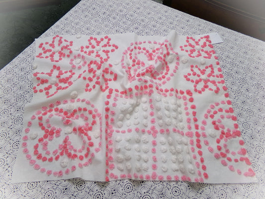Vintage Pink White Chenille Fabric 4-Block Geometric Floral Sampler 18" x 23" Panel