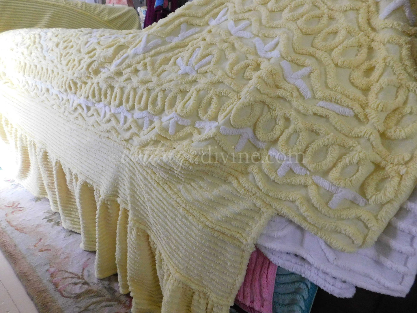 Chenille Bedding, Delicious Lemon Chiffon Vintage Chenille Bedspread, Integrated Ruffle Skirt, Fitted Full Size