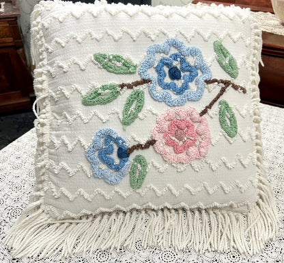 Vintage Floral Chenille Pillow Cover, Shabby Chic Reversible 16" Square Design