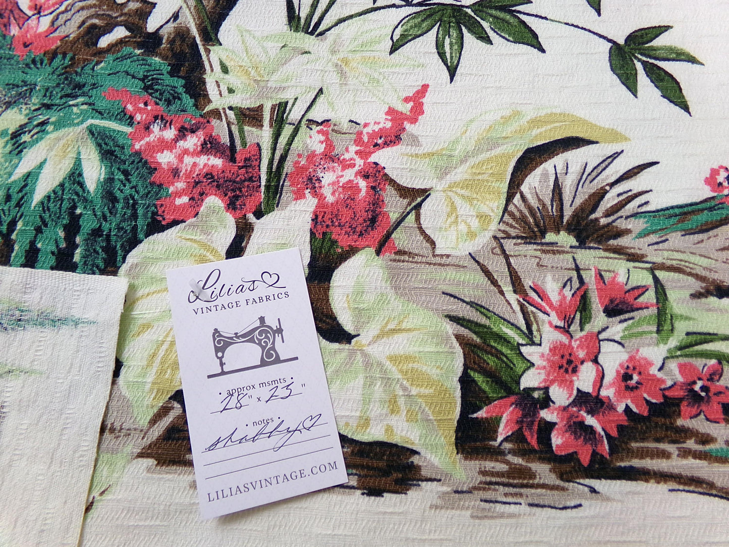 Polynesian Paradise Vintage Barkcloth Fabric Panel Shabby Tropical Garden Fantasy 23" x 28"
