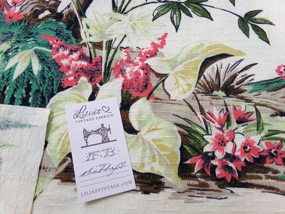 Polynesian Paradise Vintage Barkcloth Fabric Panel Shabby Tropical Garden Fantasy 23" x 28"