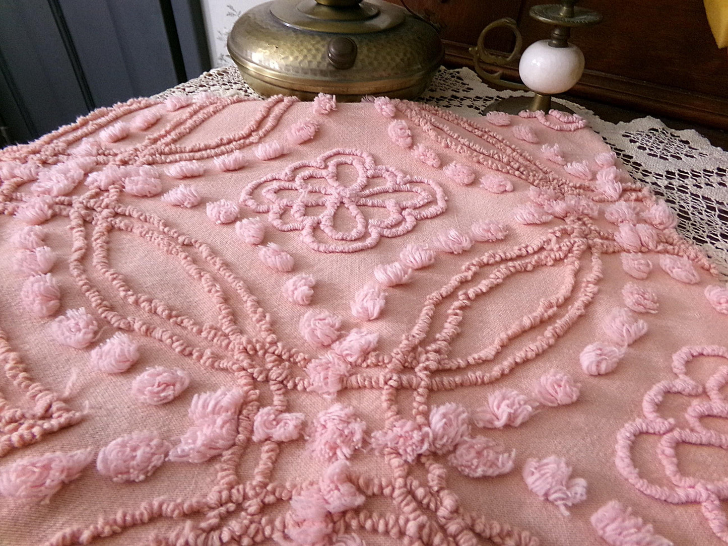 Shabby Cottage Style Vintage Chenille Fabric, geometric floral design, sewing craft quilt material 25" x 21" piece